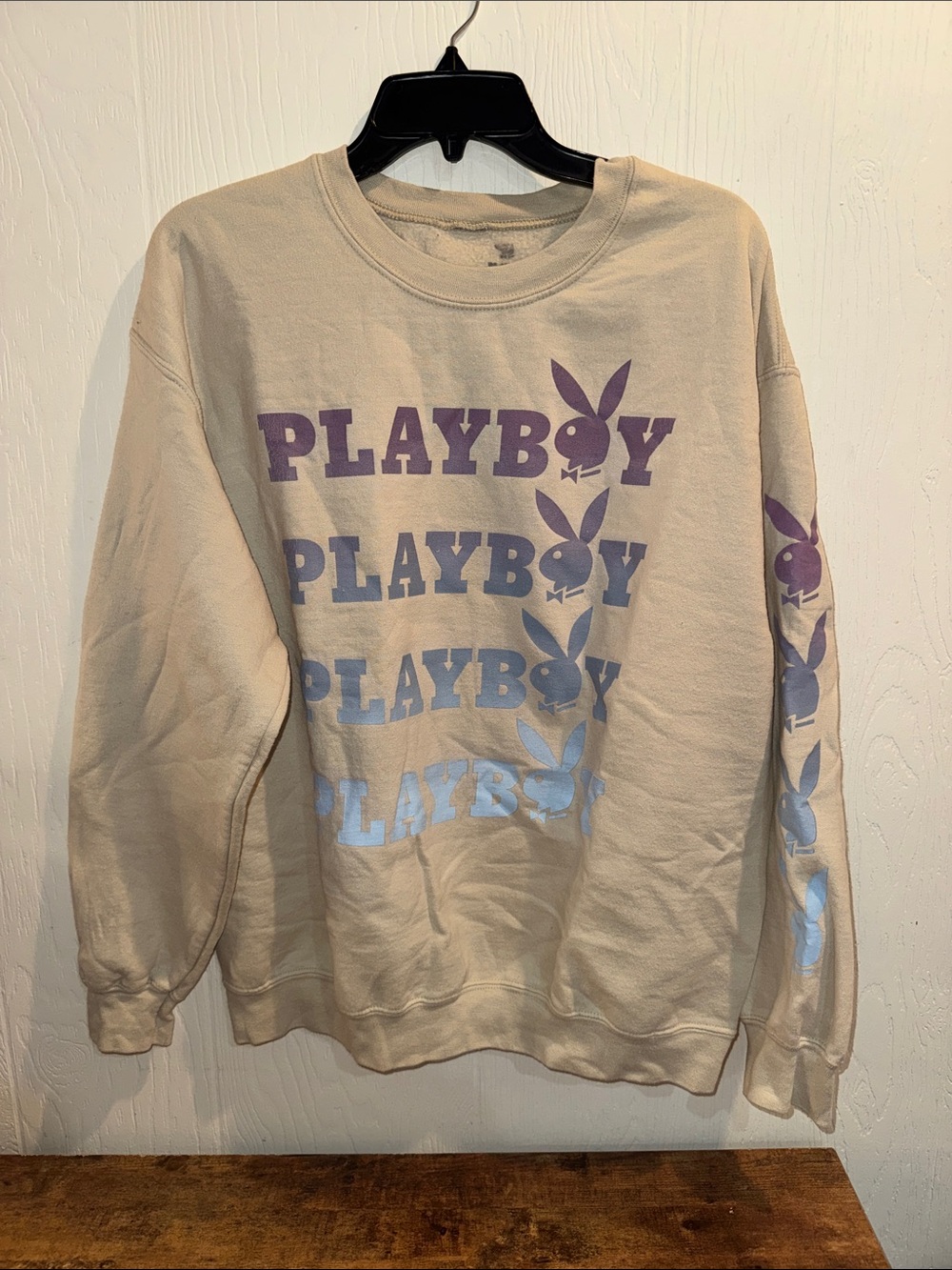 PLAYBOY Beige Crewneck Sweatshirt with Purple and Light Blue Logo
